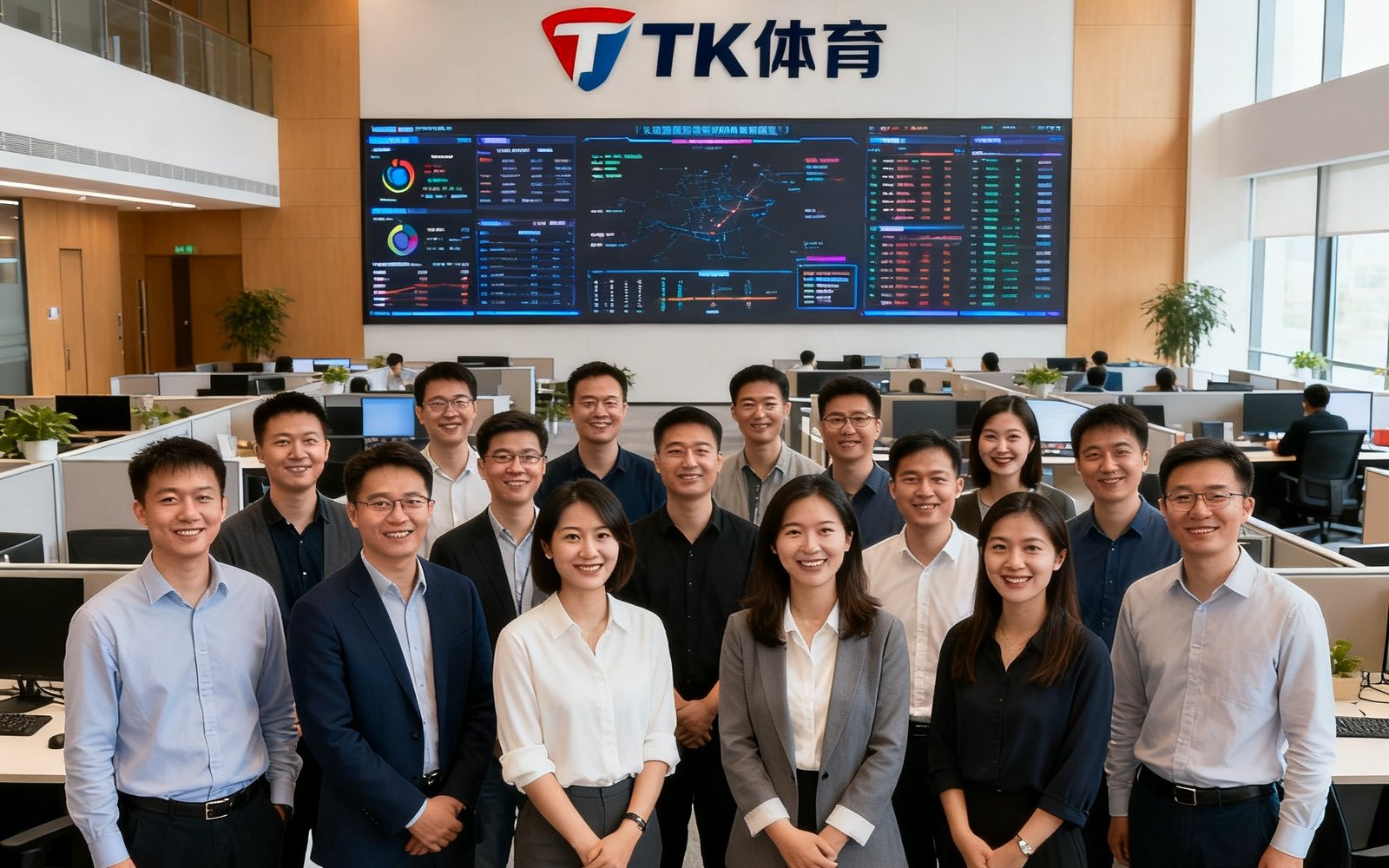 TK体育上海总部团队合影，约30名员工在开放式办公区微笑面对镜头，背景墙上有公司标识和大型数据监控屏幕